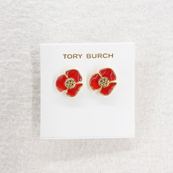 Tory Burch Fleur Flower Stud Earrings Red OS - Picture 5 of 8